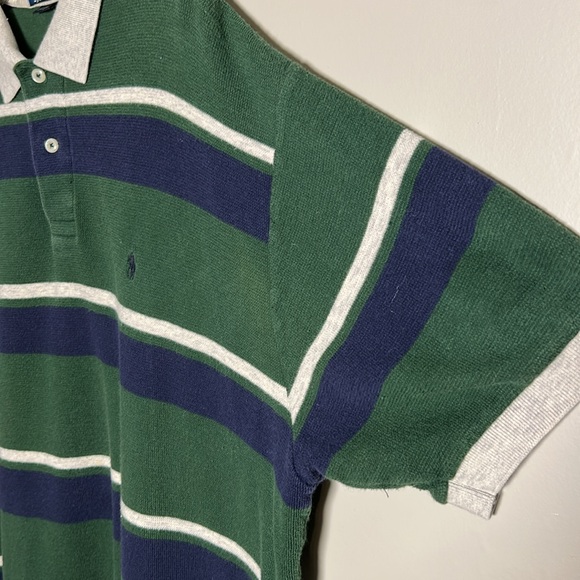 Vintage Polo Ralph Lauren Terrycloth Cotton Polo Green Navy White striped Sz XL - Picture 5 of 11